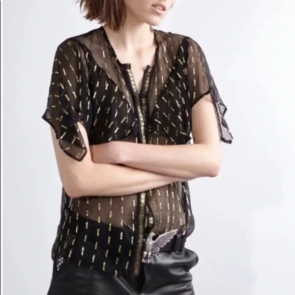 Zadig & Voltaire Black Sheer Tonia Shiny Blouse Top Size Medium - Picture 1 of 9